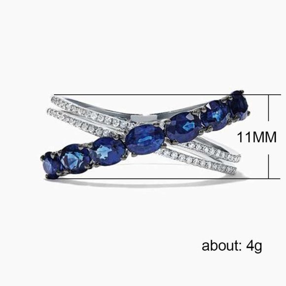 🎀 Oval Royal Blue Anillos Unique Three Lines Silver Ring for Women, VIP272 - Picture 4 of 7